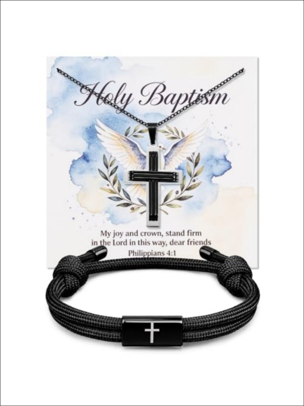 Adjustable Cross Bracelet & Necklace Set, Religious Gift for Men, Baptism